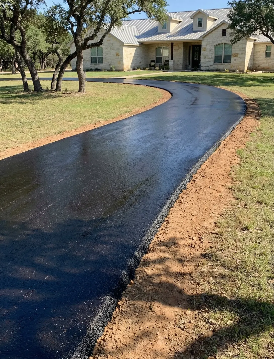 Fresh asphalt driveway curving to a limestone ranch house under live oaks