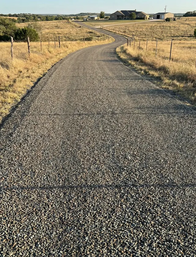 The same pasture lane after chip seal, a smooth stone surface between fence lines
